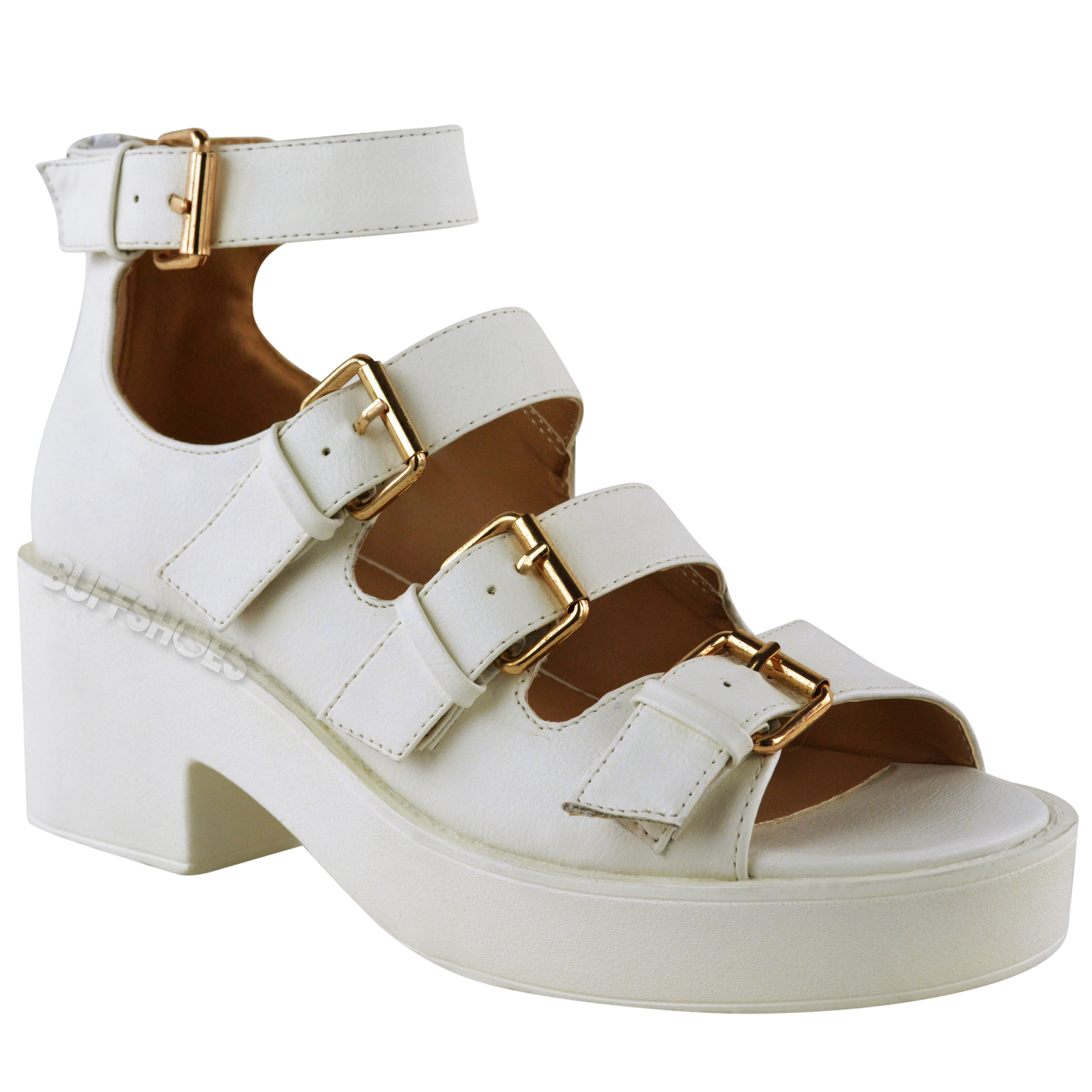 WOMENS LADIES CUT OUT CHUNKY GOLD STRAPPY SUMMER SANDALS LOW MID HEEL ...