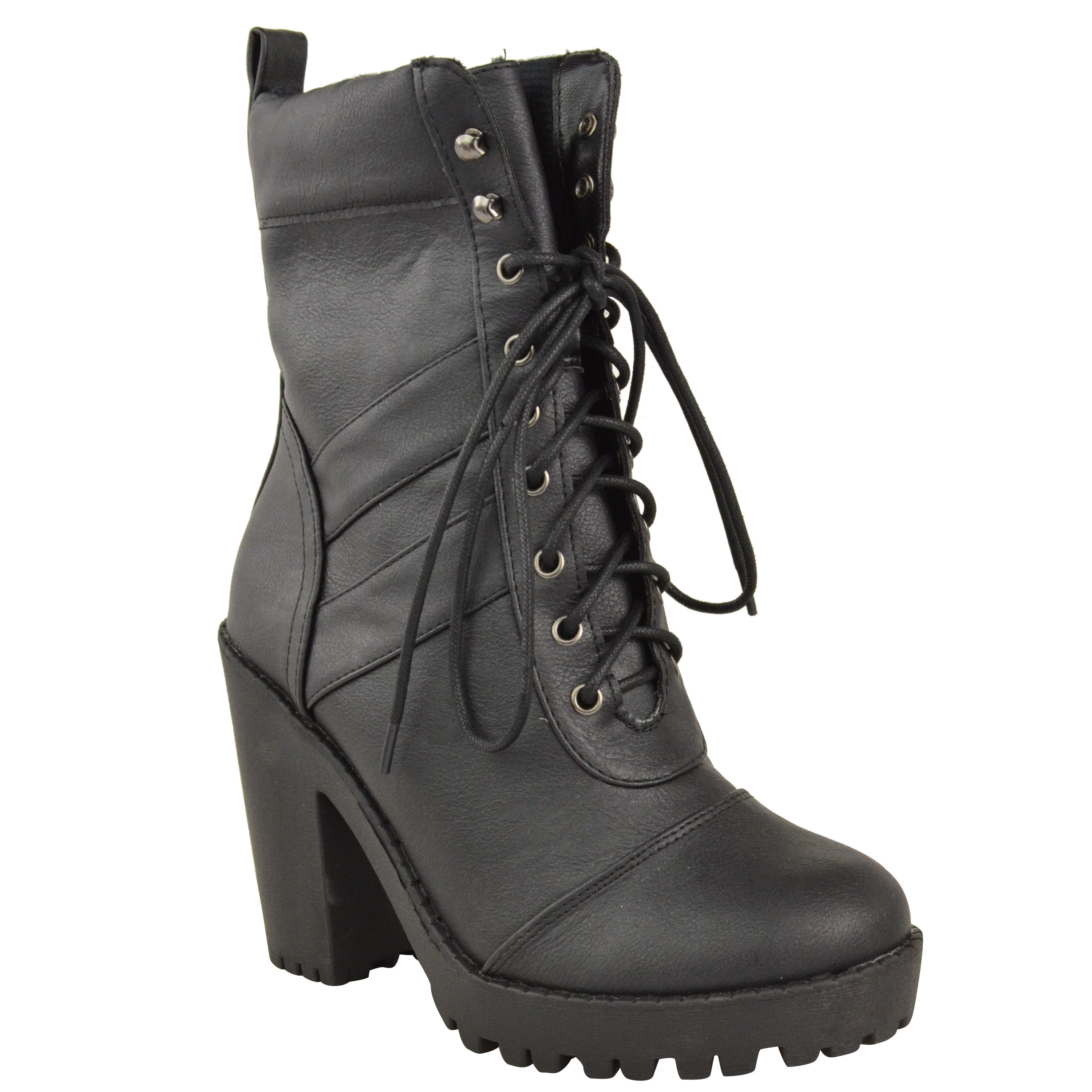 LADIES WOMENS HIGH HEEL LACE UP BIKER MILITARY COMBAT ARMY ANKLE BOOTS ...